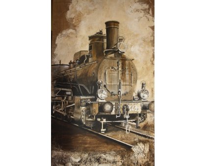 ACRYLIC ON JUTE MARIANO CARRARA ' LOCOMOTIVE DI GUERRA ' size L 100 x H 180 cm.