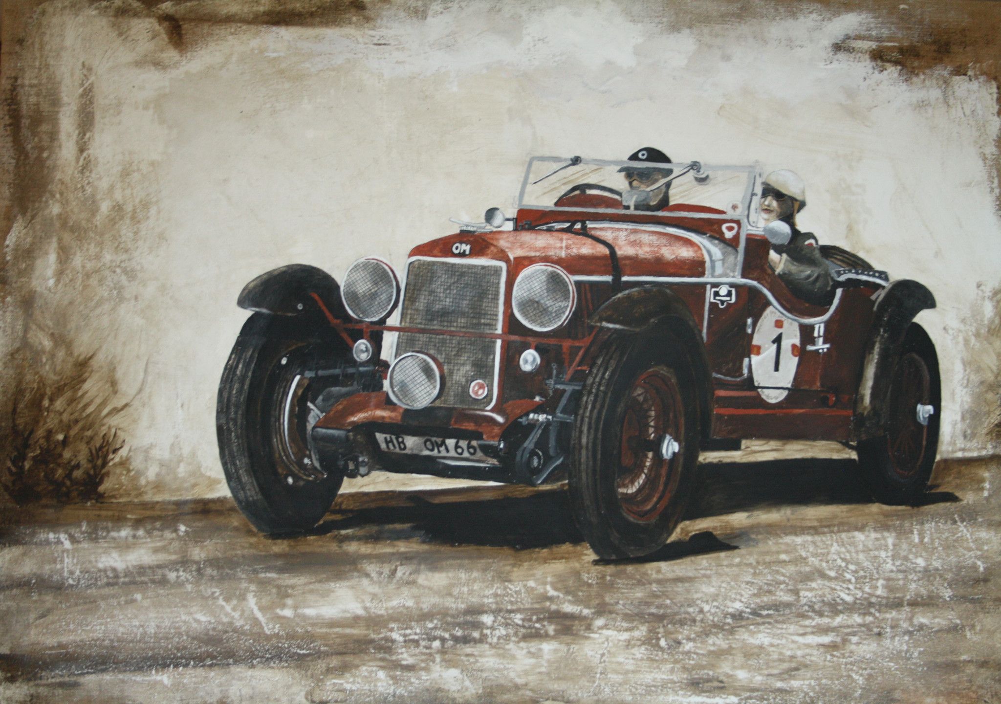 ACRYLIC ON JUTE  MARIANO CARRARA ' MILLE MIGLIA OM 665 '   size  L 123 x H 90 cm.