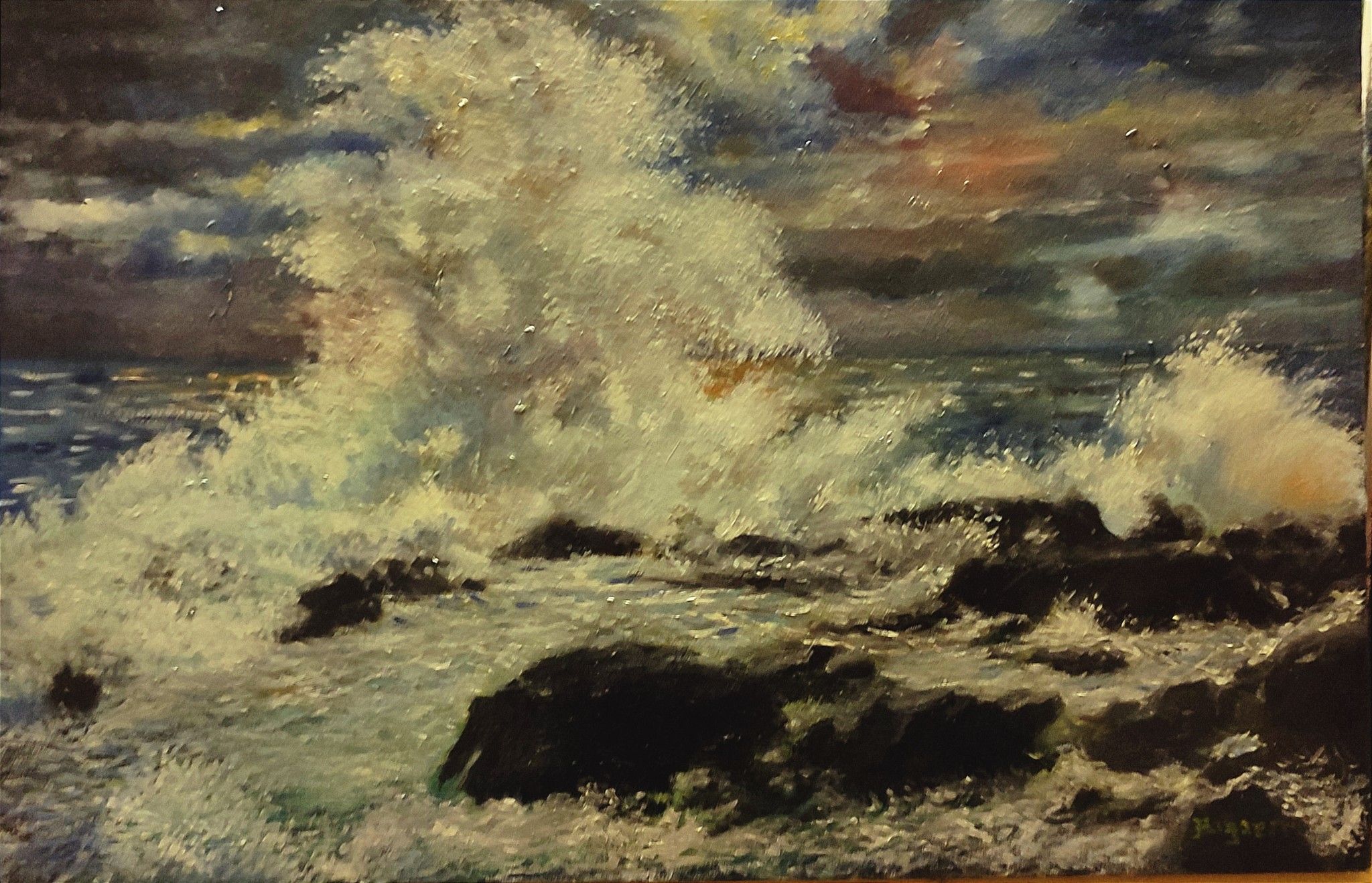 OLIO SU TELA  MASSIMO BIGAZZI ' TRAMONTO SUL MARE IN TEMPESTA  '  dimensioni L 60 x H 40 cm.