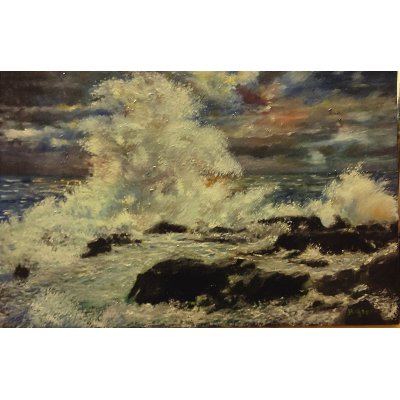 OLIO SU TELA MASSIMO BIGAZZI ' TRAMONTO SUL MARE IN TEMPESTA ' dimensioni L 60 x H 40 cm.