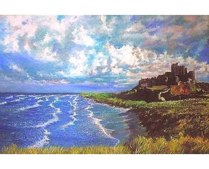 OLIO SU TELA MASSIMO BIGAZZI ' CASTELLO SUL MARE ' dimensioni L 90 x H 60 cm.