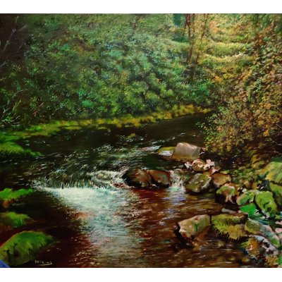 OLIO SU TELA MASSIMO BIGAZZI ' TORRENTE DI MONTAGNA ' dimensioni L 90 x H 80 cm.