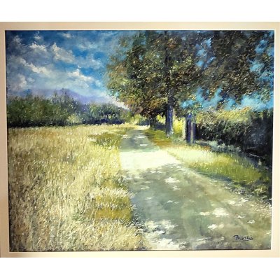 OLIO SU TELA MASSIMO BIGAZZI ' STRADA BIANCA DI CAMPAGNA MATTINO DI PRIMAVERA ' dimensioni L 60 x H 50 cm.