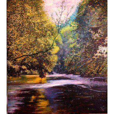 OLIO SU TELA MASSIMO BIGAZZI ' IN MEZZO SCORRE IL FIUME ' dimensioni L 80 x H 90 cm.