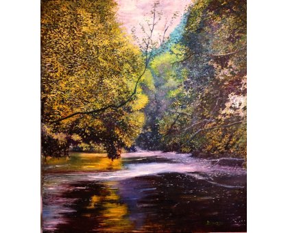 OLIO SU TELA MASSIMO BIGAZZI ' IN MEZZO SCORRE IL FIUME ' dimensioni L 80 x H 90 cm.