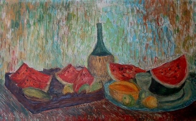 OLIO SU TELA  ANTONIO PRESUTTI ' NATURA MORTA CON ANGURIA '  dimensioni L 110 x H 65 cm.