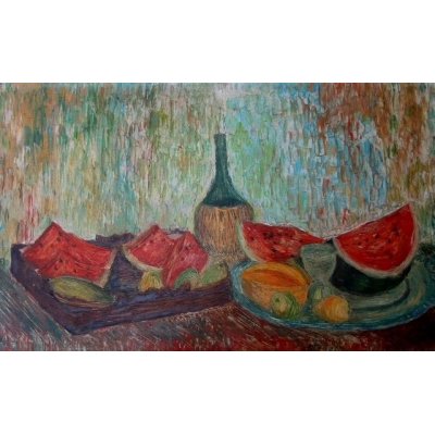 OLIO SU TELA ANTONIO PRESUTTI ' NATURA MORTA CON ANGURIA ' dimensioni L 110 x H 65 cm.