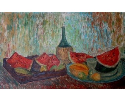 OLIO SU TELA ANTONIO PRESUTTI ' NATURA MORTA CON ANGURIA ' dimensioni L 110 x H 65 cm.