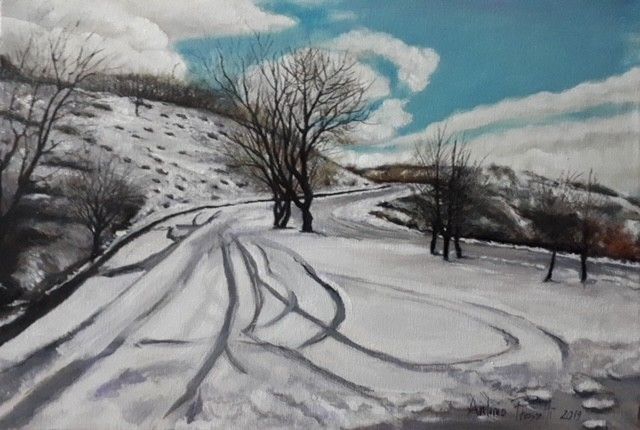 TEMPERA SU TELA  ANTONIO PRESUTTI ' PRIMA NEVE A CUSANO MUTRI '  dimensioni L 50 x H 35 cm.