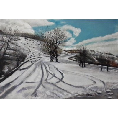 TEMPERA SU TELA ANTONIO PRESUTTI ' PRIMA NEVE A CUSANO MUTRI ' dimensioni L 50 x H 35 cm.