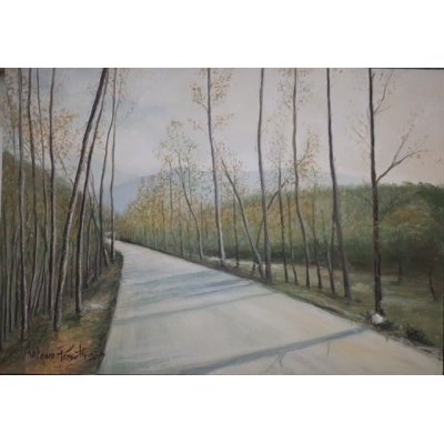 TEMPERA SU TELA ANTONIO PRESUTTI ' STRADA ALBERATA ' dimensioni L 50 x H 35 cm.