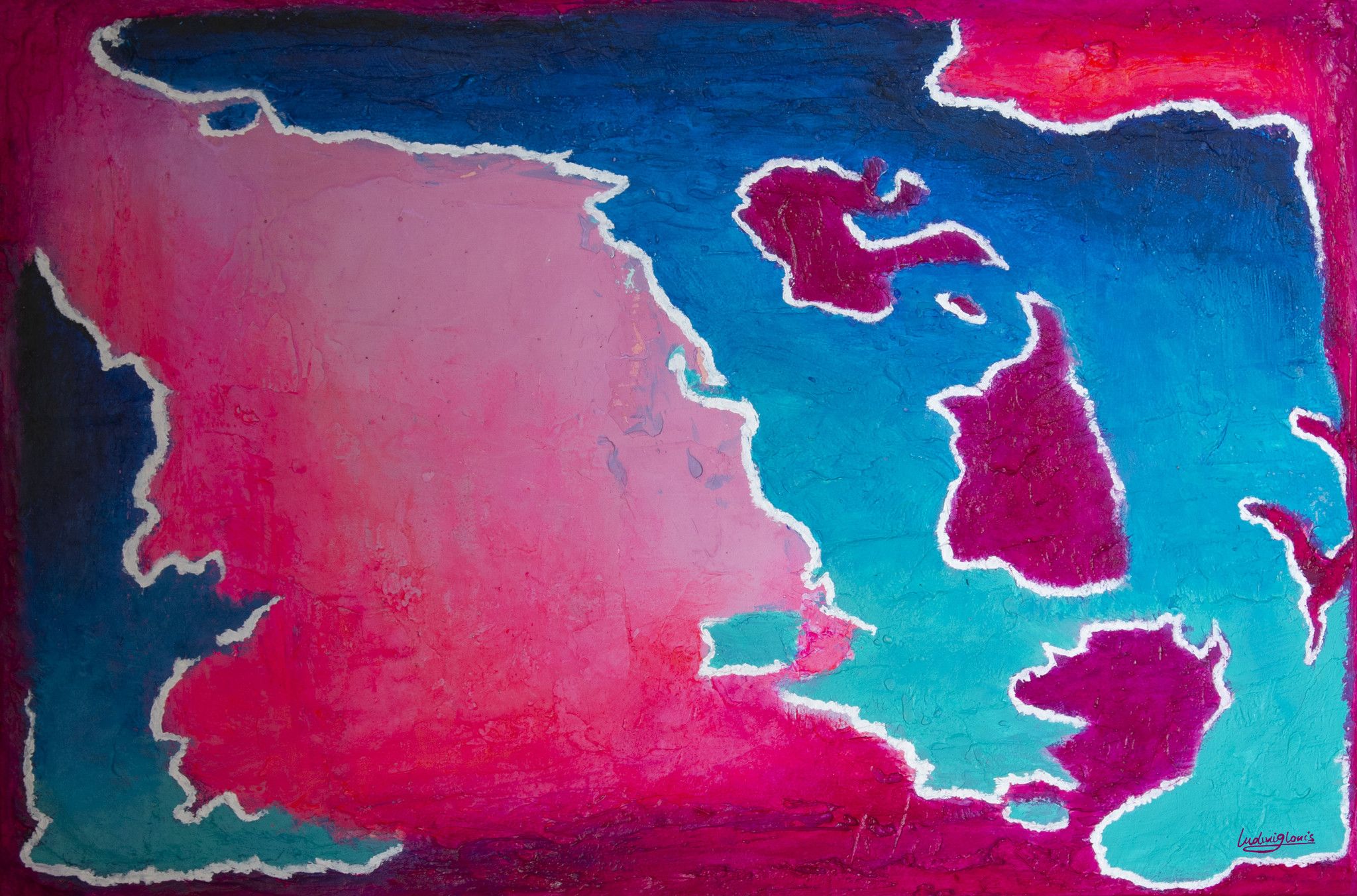 MIXED MEDIA SU TELA  LUDWIG LOUIS ' HAPPY ISLAND '  dimensioni L 90 x H 65 cm.