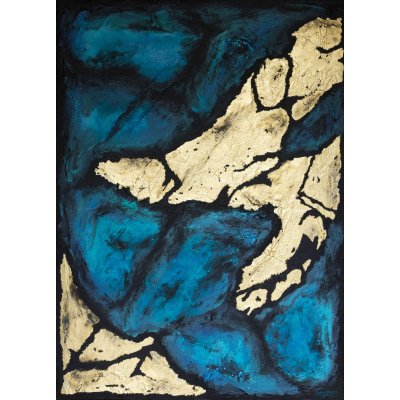 MIXED MEDIA SU TELA LUIGI MARINO ' BLACK TURQUOISE GOLD ' dimensioni L 90 x H 65 cm.