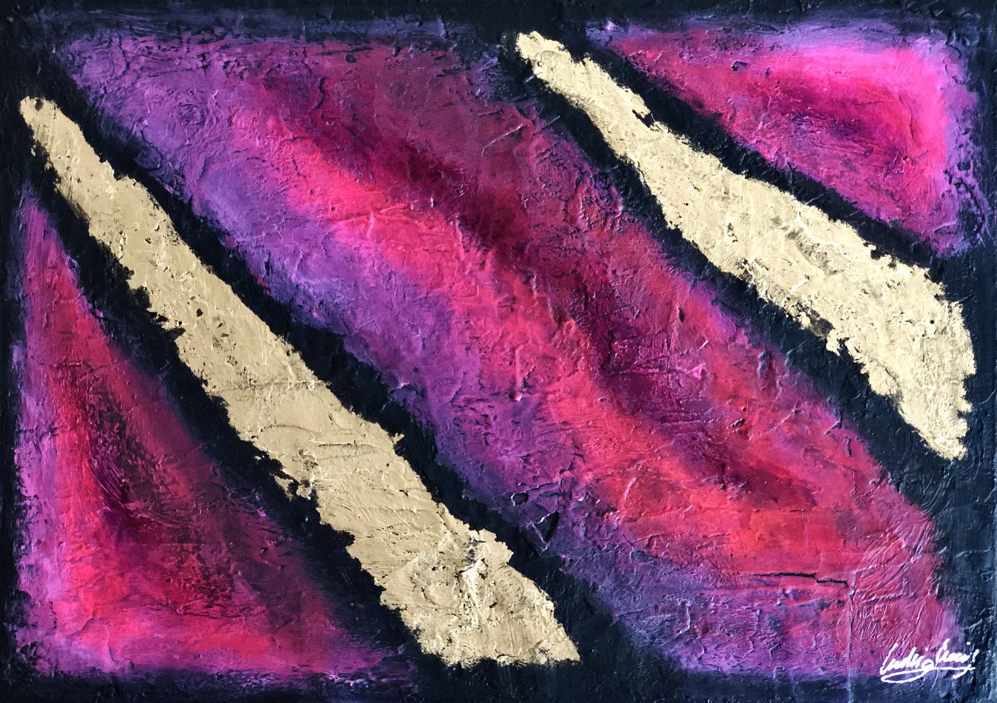 MIXED MEDIA SU TELA  LUDWIG  LOUIS ' PINK BLACK GOLD '  dimensioni L 70 x H 50 cm.