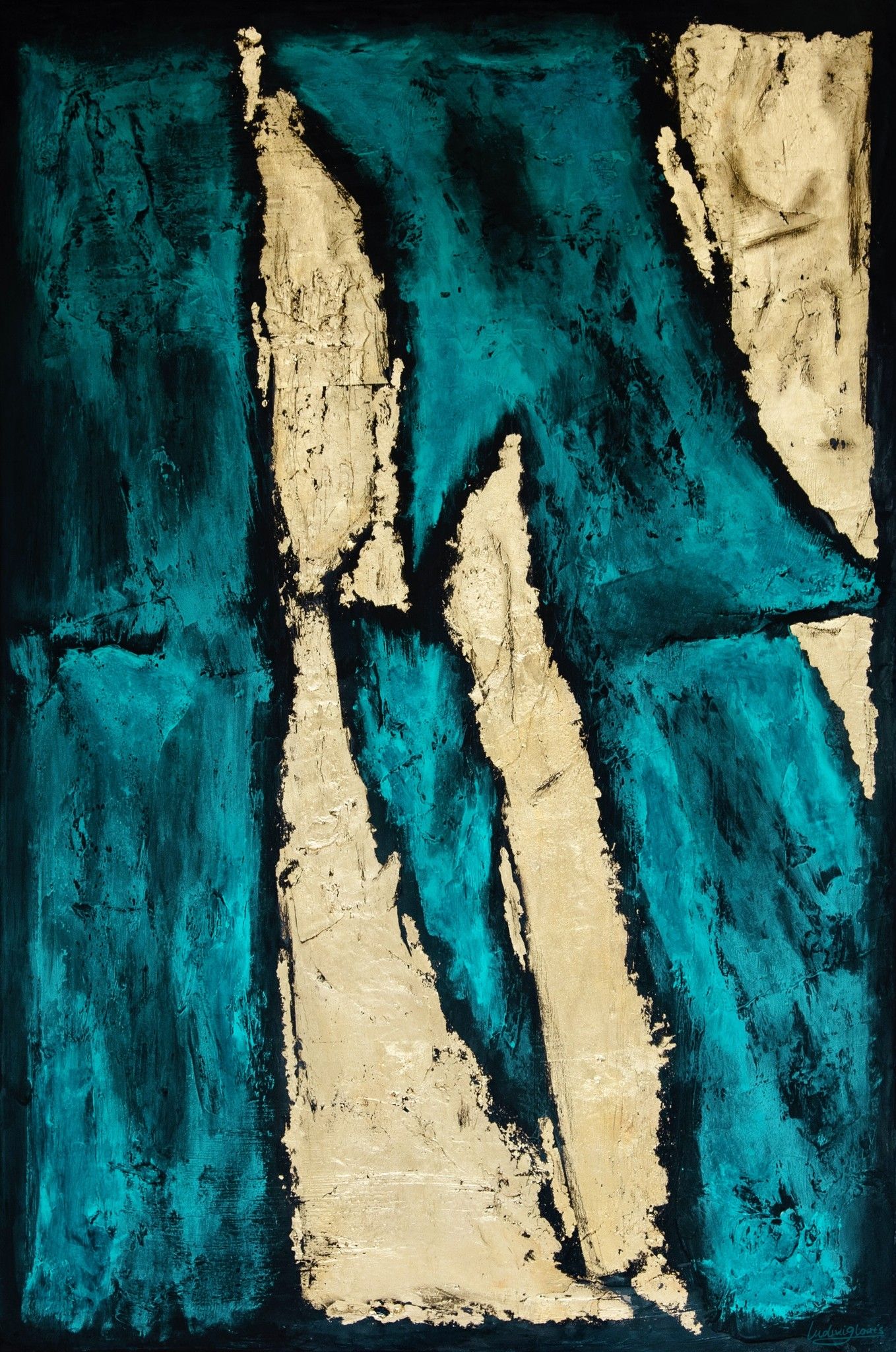 MIXED MEDIA SU TELA  LUDWIG  LOUIS ' TURQUOISE GOLD '   dimensioni L 90 x H 65 cm.