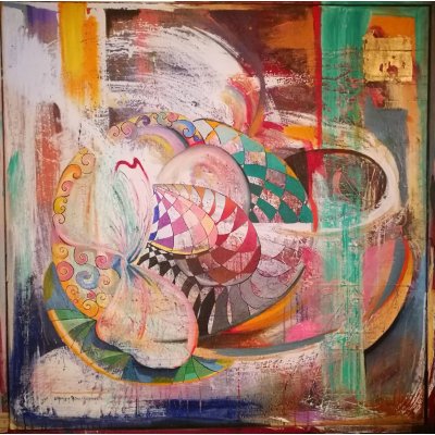 MIXED MEDIA SU TELA PETRUSKA MERISIO ' MOVIMENTI ARCHETIPI ' dimensioni L 120 x H 120 cm.