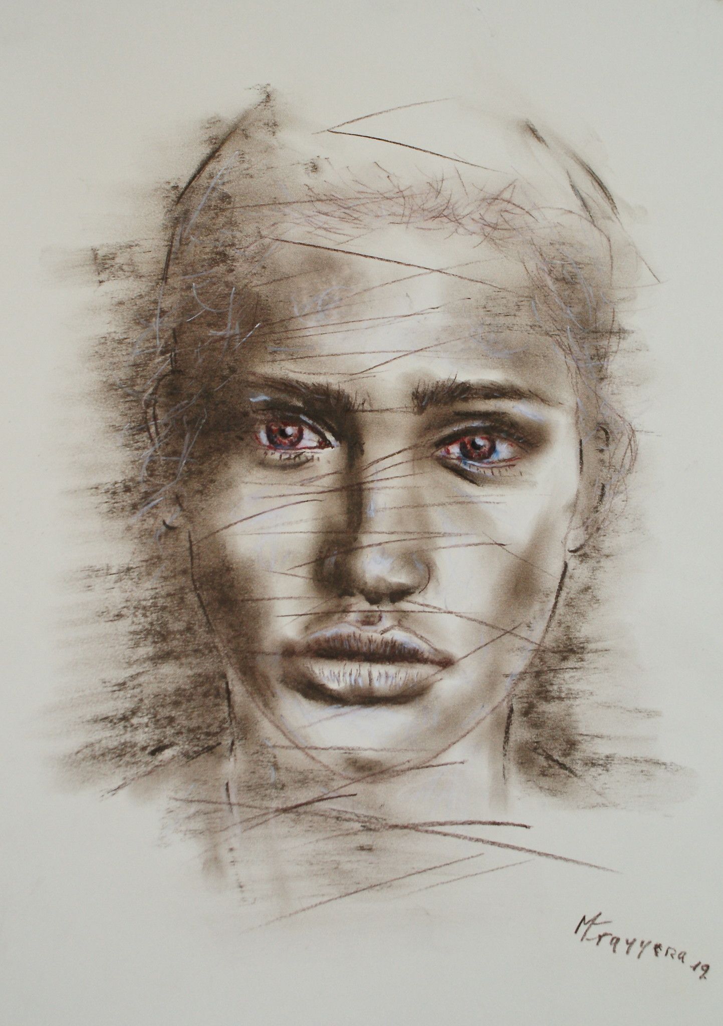 MIXED MEDIA SU CARTA  MAURO GAZZARA ' VOLTO DI DONNA '  dimensioni L 29,5 x H 42 cm.