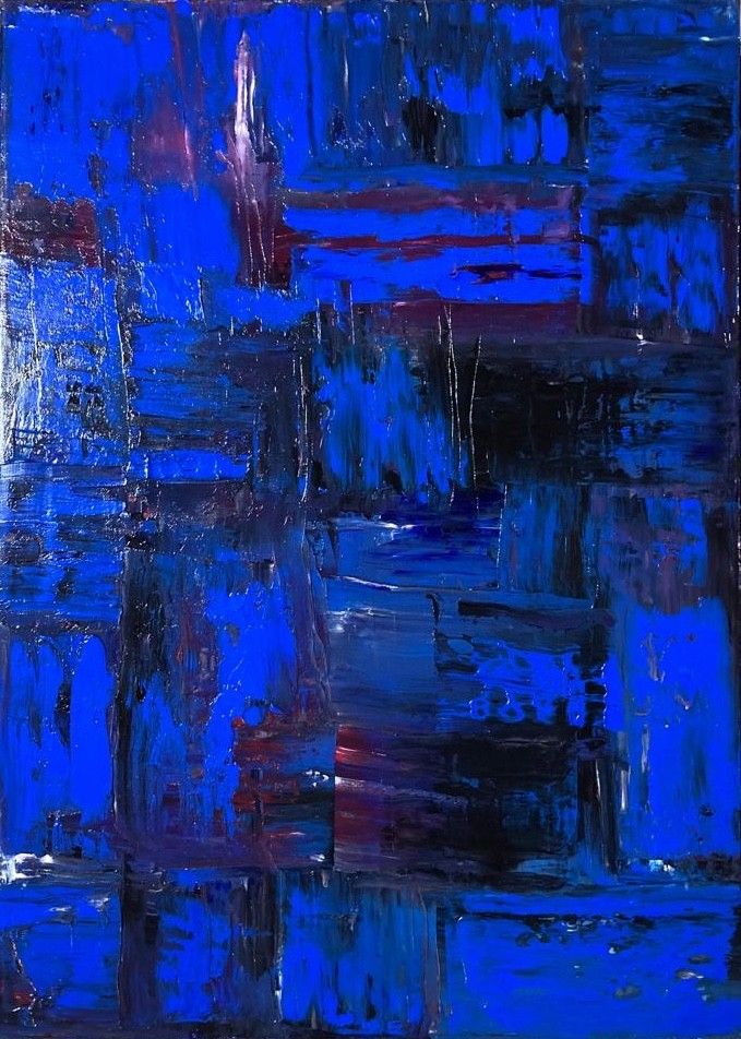 OLIO SU TELA  MADRITERRA ' STUDIO DI COLORE BLU '  dimensioni L 50 x H 70 cm.