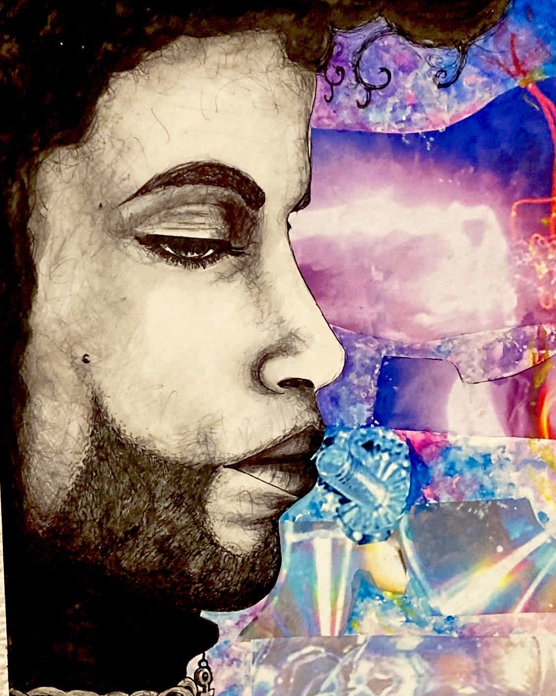 MIXED MEDIA  MADRITERRA ' RITRATTO ICONE ROCK PRINCE '  dimensioni L 25 x H 35 cm.