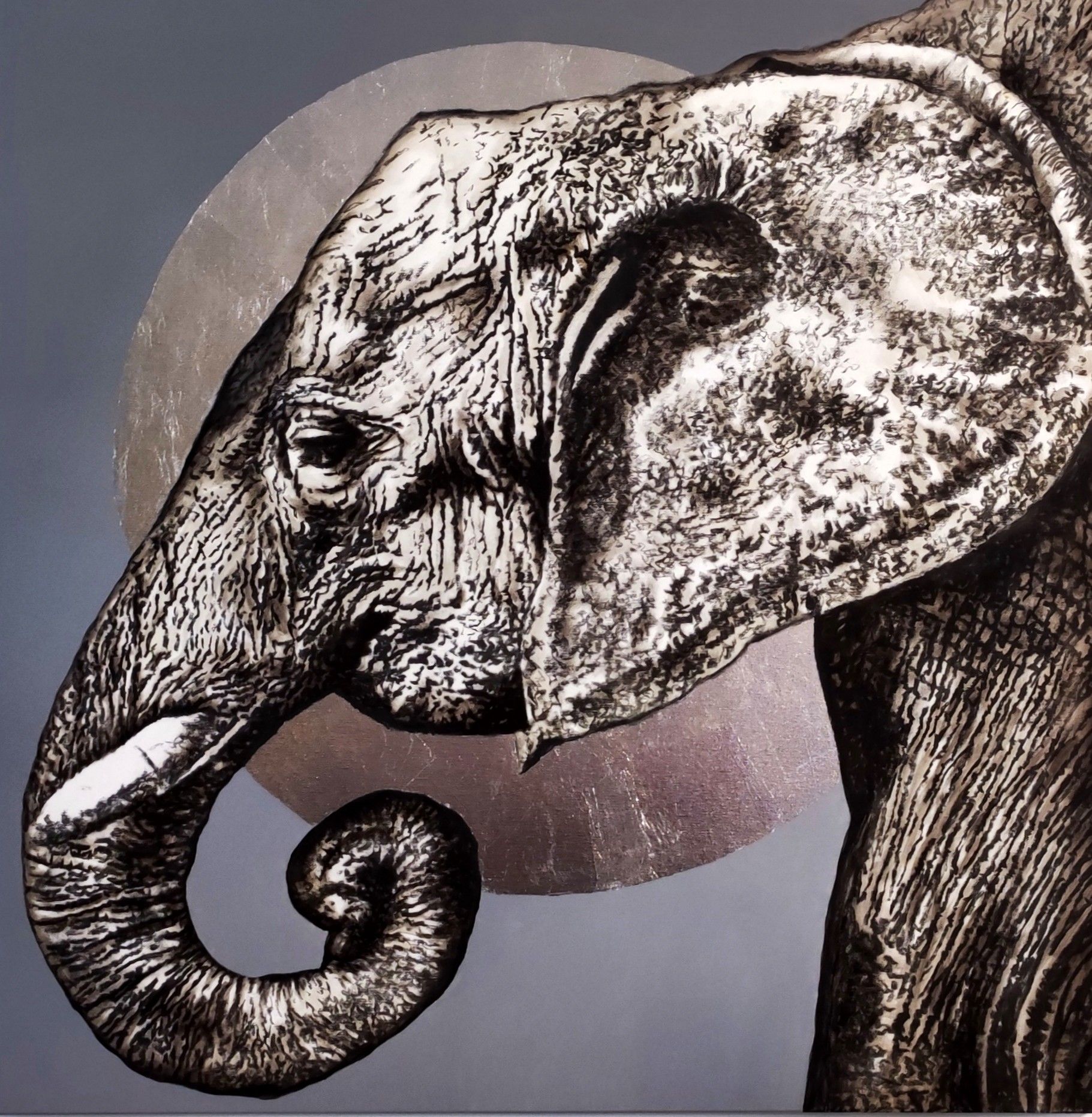MIXED MEDIA SU TELA  TIZIANA SANNA ' ELEPHANT TO THE MOON '  dimensioni L 100 x H 100 cm.