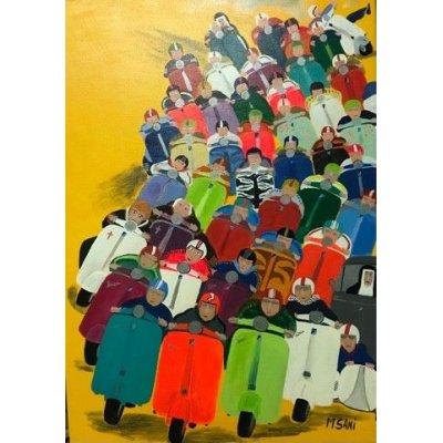 ACRILICO SU TELA MAURIZIO SANI ' GRUPPO IN VESPA ' dimensioni L 50 x H 70 cm.