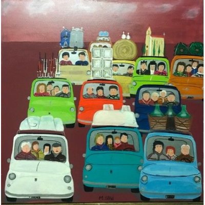 ACRILICO SU TELA MAURIZIO SANI ' RIENTRO DAL MERCATO ' dimensioni L 70 x H 70 cm.