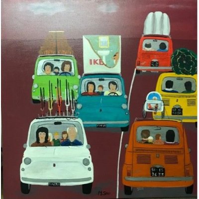 ACRILICO SU TELA MAURIZIO SANI ' AUTOTRASPORTATORI ' dimensioni L 70 x H 70 cm.