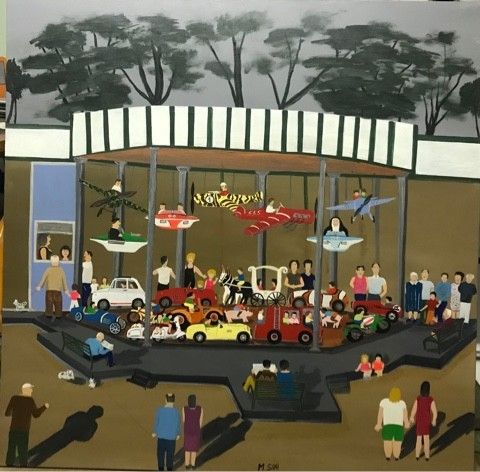 ACRILICO SU TELA  MAURIZIO SANI ' LA GIOSTRA '  dimensioni L 100 x H 100 cm.