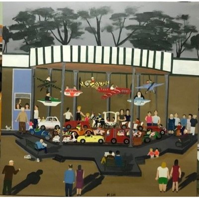 ACRILICO SU TELA MAURIZIO SANI ' LA GIOSTRA ' dimensioni L 100 x H 100 cm.