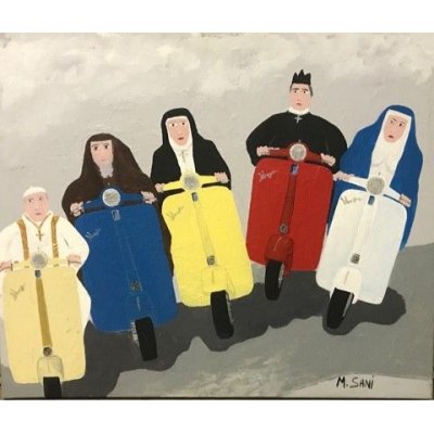 ACRILICO SU TELA MAURIZIO SANI ' CATTOLICA IN VESPA ' dimensioni L 60 x H 50 cm.