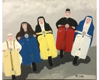 ACRILICO SU TELA MAURIZIO SANI ' CATTOLICA IN VESPA ' dimensioni L 60 x H 50 cm.
