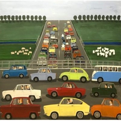 ACRILICO SU TELA MAURIZIO SANI ' TRAFFICO IN VAL D'ORCIA ' dimensioni L 100 x H 100 cm.