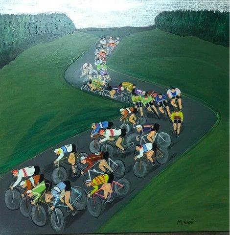 ACRILICO SU TELA  MAURIZIO SANI ' CICLISTI '  dimensioni L 70 x H 70 cm.