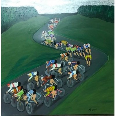 ACRILICO SU TELA MAURIZIO SANI ' CICLISTI ' dimensioni L 70 x H 70 cm.