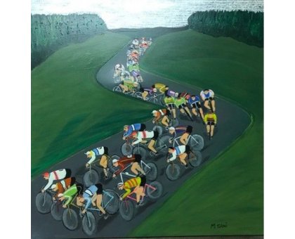 ACRILICO SU TELA MAURIZIO SANI ' CICLISTI ' dimensioni L 70 x H 70 cm.