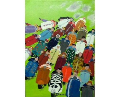 ACRILICO SU TELA MAURIZIO SANI ' VESPACROBATI ' dimensioni L 50 x H 70 cm.