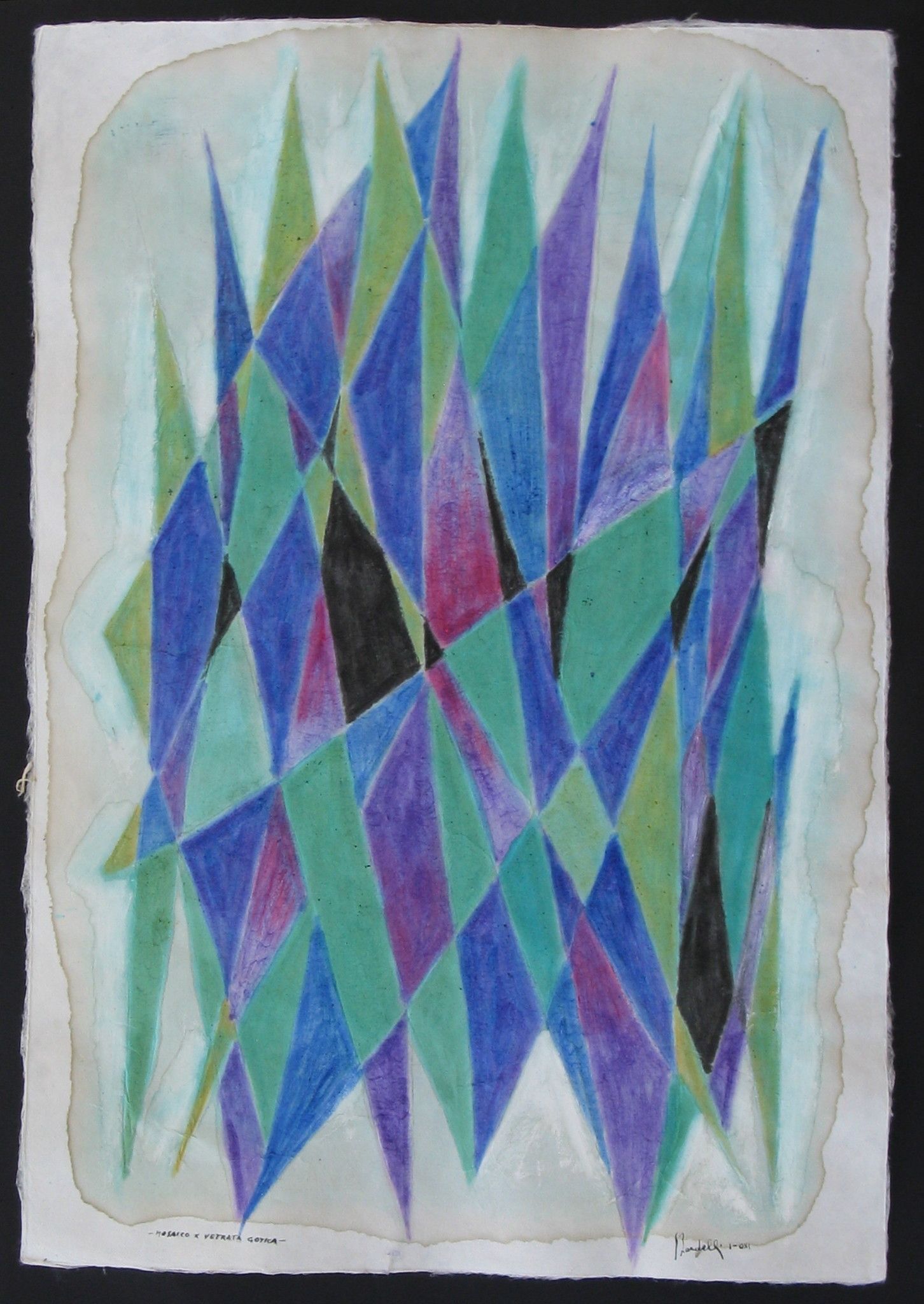 MIXED MEDIA SU CARTA DI RISO  SANDRO BARDELLI ' MOSAICO PER VETRATA GOTICA '  dimensioni L 78 x H 55 cm.