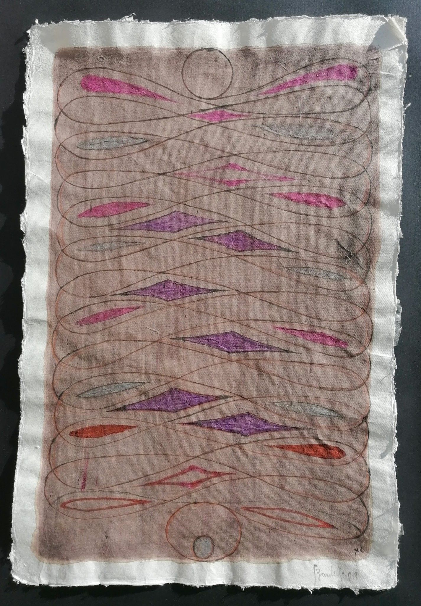 MIXED MEDIA SU CARTA DI RISO  SANDRO BARDELLI ' ALTERNANZE '  dimensioni L  78 x H 55 cm.