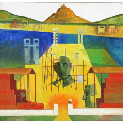 OLIO SU TAVOLA SERGIO FRANZOSI ' CANTIERE SUL LAGO ' dimensioni L 80 x H 80 cm.