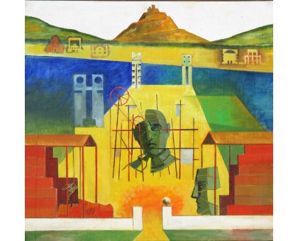 OLIO SU TAVOLA SERGIO FRANZOSI ' CANTIERE SUL LAGO ' dimensioni L 80 x H 80 cm.