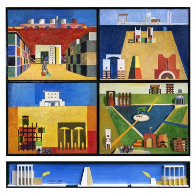 MIXED MEDIA SU TAVOLA SERGIO FRANZOSI ' 4 PAESAGGI + 1 ' dimensioni L 100 x H 100 cm.