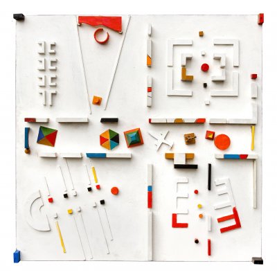 MIXED MEDIA SU TAVOLA SERGIO FRANZOSI ' QUARTIERE CENTRO ' dimensioni L 100 x H 100 cm.