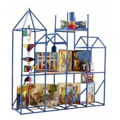 MIXED MEDIA SU TAVOLA SERGIO FRANZOSI ' LA MAISON DES CANOTIERS ' dimensioni L 100 x H 100 x P 30 cm.