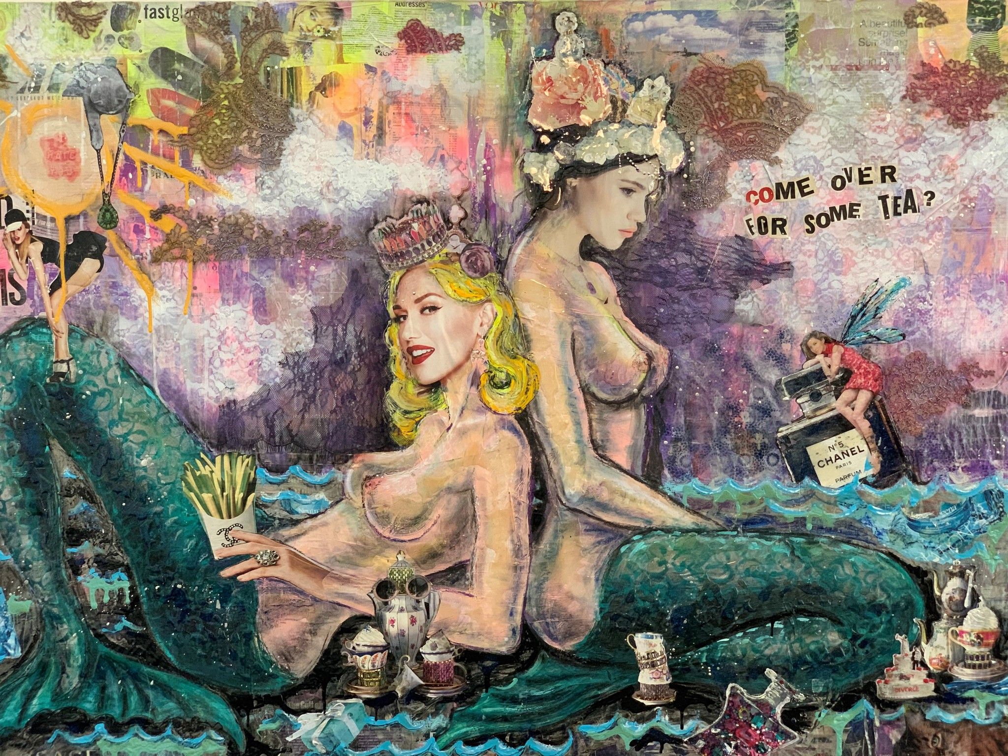 MIXED MEDIA SU TELA LUDMILLA RADCHENKO " CUP OF TEA "  dimensioni L 150  x H 100 cm.