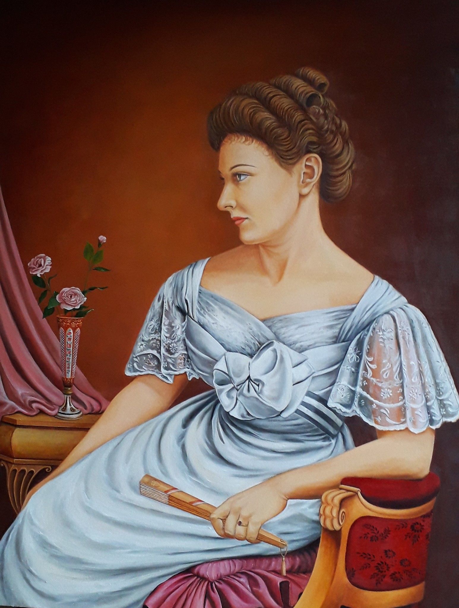 OLIO SU TELA  VALERIA BERGAMI ' SIGNORA IN BIANCO INIZI '900  '  dimensioni  L 80 x H 100 cm.
