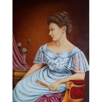 OLIO SU TELA VALERIA BERGAMI ' SIGNORA IN BIANCO INIZI '900 ' dimensioni L 80 x H 100 cm.