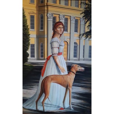 OLIO SU TELA VALERIA BERGAMI ' PASSEGGIATA NEL PARCO ' dimensioni L 80 x H 120 cm.