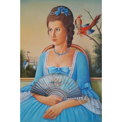 OLIO SU TELA VALERIA BERGAMI ' A TEATRO NEL '700 ' dimensioni L 50 x H 70 cm.