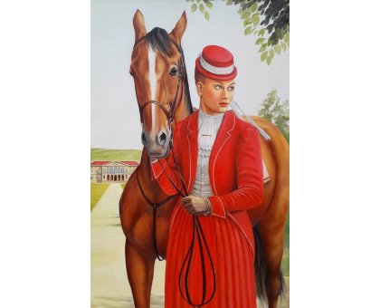 OLIO SU TELA VALERIA BERGAMI ' AMAZZONE ROSSA ' dimensioni L 60 x H 90 cm.