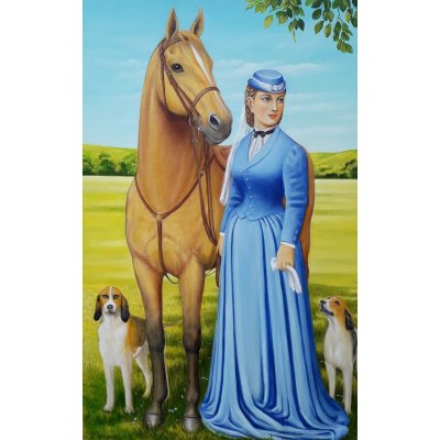 OLIO SU TELA VALERIA BERGAMI ' AMAZZONE CON CANI ' dimensioni L 60 x H 90 cm.